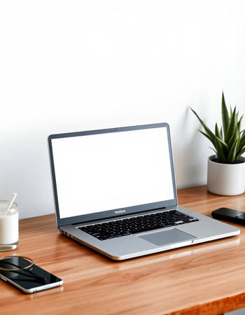 Laptop computer with blank screen on wooden table and white wall background