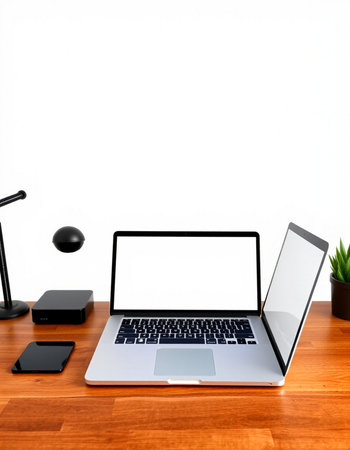 Laptop with blank screen on wood desk with lamp and smartphone.