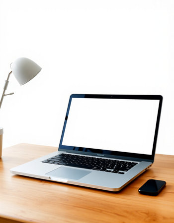 Laptop with blank screen on wood table and white wall background.