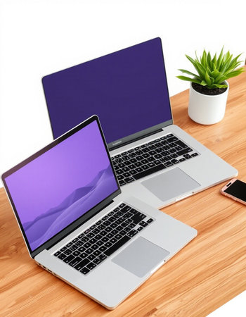 Laptop, smartphone and plant on wooden table. 3d rendering.