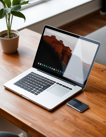 laptop with blank screen on wooden table at home office, nobody