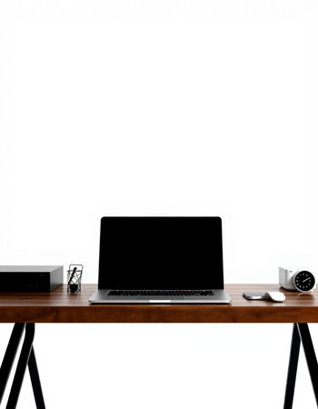 Modern workspace with blank screen laptop computer on wooden desk isolated on white background