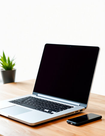 Laptop with blank screen on wooden table in office, stock photoの写真素材