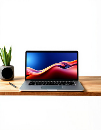 Laptop on a wooden shelf on a white background. 3d rendering