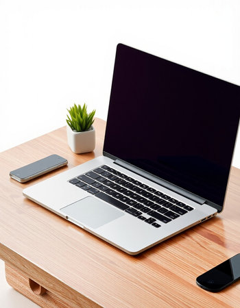 Laptop with blank screen on wooden table isolated on white background.