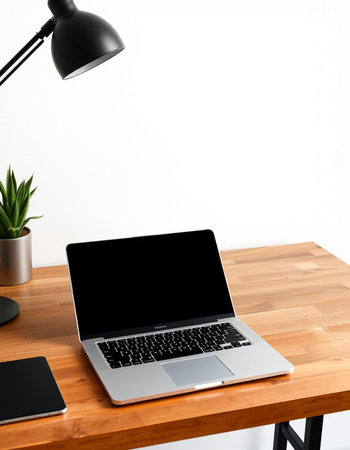 Laptop with blank screen on wooden desk. Mock up, 3D Rendering