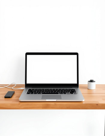 Laptop computer with blank screen on wooden table and white wall backgroundの写真素材