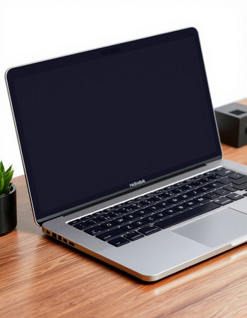 Laptop with blank screen on wooden desk. Mock up, 3D Rendering