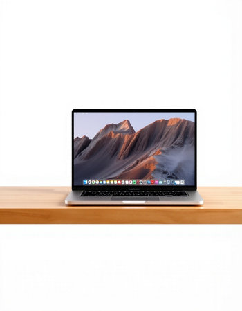 Laptop on a wooden shelf against a white background with copy space