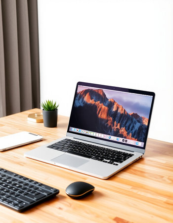 laptop on wooden desk with keyboard and mouse on white wall backgroundの写真素材