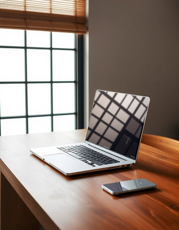 Laptop and smartphone on a wooden table with blinds and window