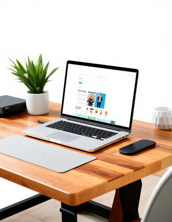 Workplace with laptop and tablet pc on wooden table. All screen graphics are made up.