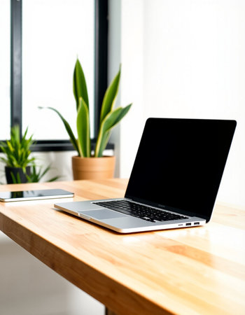 Laptop computer with blank screen on wooden table in modern office.の写真素材