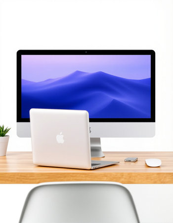 Workplace with laptop on wooden table isolated on white background. 3d render.