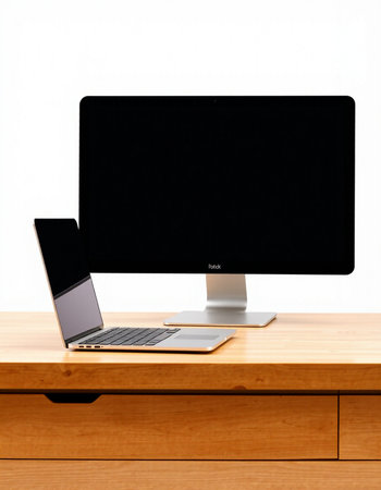 Laptop and computer on a wooden table isolated on a white background