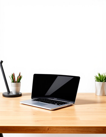 Laptop with black screen on wood table and white wall background.