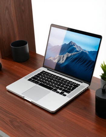 laptop on wood desk with nature background. 3d rendering.