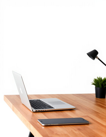 Office desk with laptop, smartphone and plant on the white background.