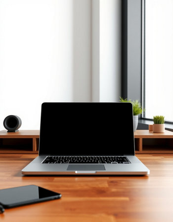 Laptop with blank screen on wooden table in modern office. 3d render