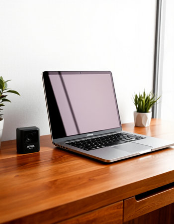 Laptop with blank screen on a wooden table