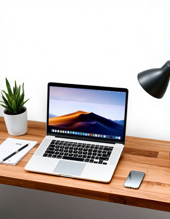 workplace with modern laptop on wood table and white wall background, 3d render