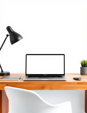 Modern workspace with blank screen laptop on wooden table and white chair. Mock up, 3D Rendering