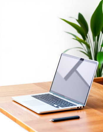 Laptop with blank screen on wood table and white wall background.