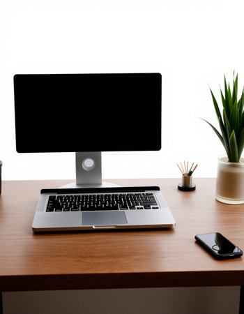 Laptop computer with blank screen on wooden desk isolated on white background