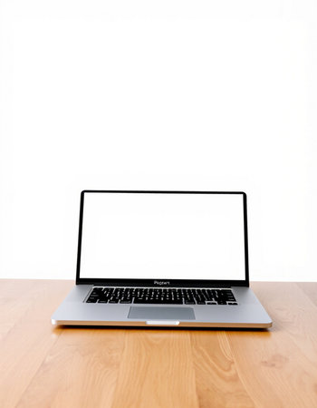 Laptop with blank screen on wooden table isolated on white background.