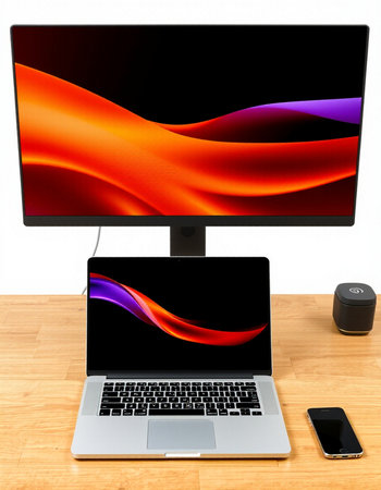 Modern computer monitor and laptop on a wooden table isolated on white background
