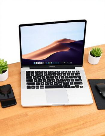 Laptop on wood table with clipping path. 3d rendering.
