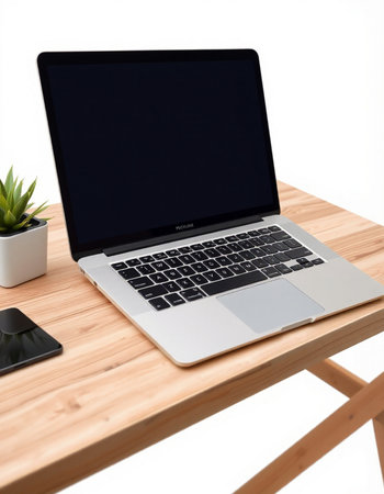 Laptop with blank screen on wooden table, isolated on white background