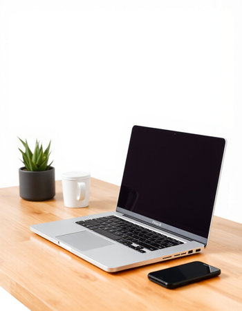 Laptop and coffee cup on wooden table with white wall background.