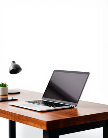 Laptop on wooden desk isolated on white background with clipping path.