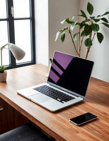 laptop with blank screen and smartphone on wooden table in modern office
