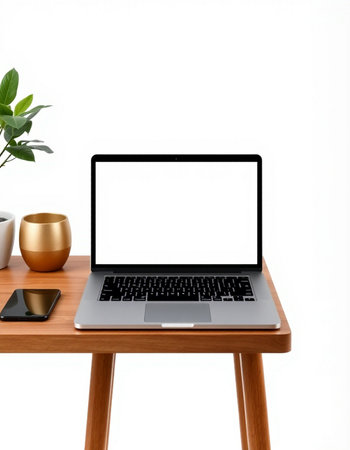 Laptop with blank screen on a wooden table isolated on white background
