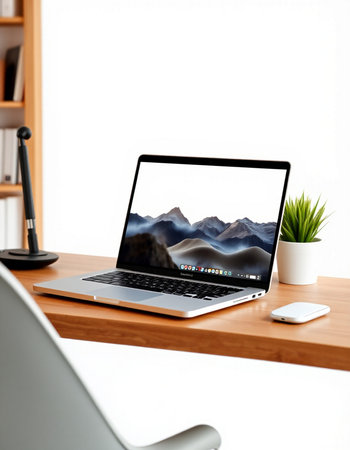 Laptop on the table in the office. 3d rendering.