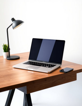 Laptop with blank screen on wooden table and lamp on white wall backgroundの写真素材