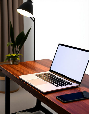 Laptop with blank screen on a wooden table in the room.の写真素材