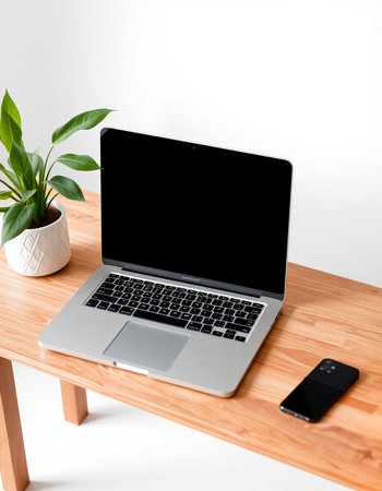 Laptop computer with blank screen on wooden table and smartphone on white background