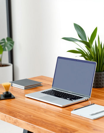 laptop with blank screen on wooden table in home office, stock photoの写真素材