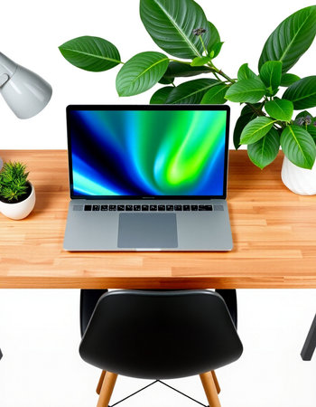 Modern workspace with laptop and green plants on white background. 3D rendering.