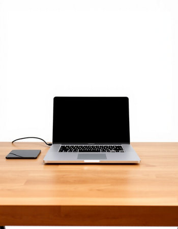 Laptop computer with black screen on wood table isolated on white background
