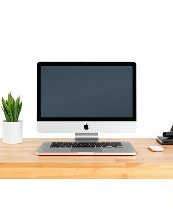 Modern desktop with blank screen computer on wooden desk isolated on white background