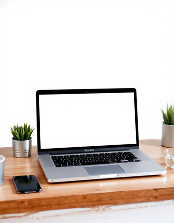 Laptop with blank screen on wooden table and white wall background.の写真素材