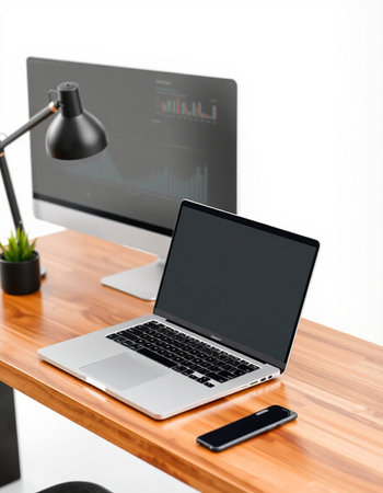 Laptop with blank screen on wooden table in office. Mock up