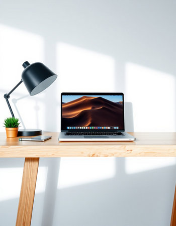 Laptop on wooden table in modern room with white walls, concrete floor and black desk lamp. 3d...