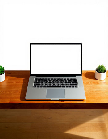 Laptop with blank screen on wooden table and white wall background.