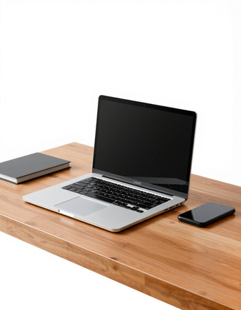 Laptop and notebook on a wooden table isolated on white background.