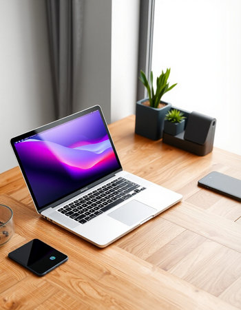 Workplace with modern laptop and smartphone on wooden table, closeup